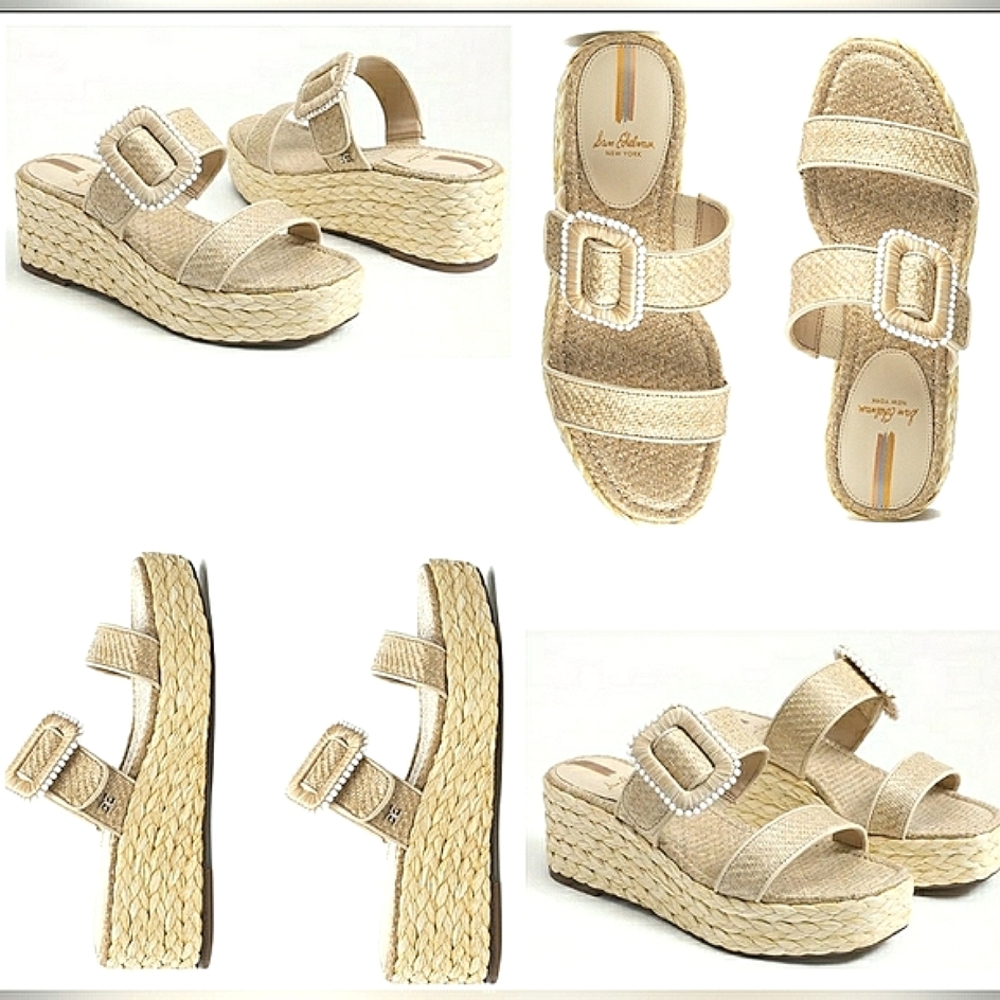 Sam Edelman Shoes Woman's 10 Boho Summer Raffia Festival Slip-On Wedge Tan Mules